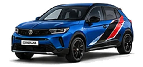 Vauxhall Mokka in Cobalt Blue with angular black, red and silver vinyl side stripes, front three-quarter view on a white background.