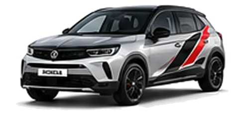 Vauxhall Mokka in Sovereign Silver with angular black, red and silver vinyl side stripes, front three-quarter view on a white background.
