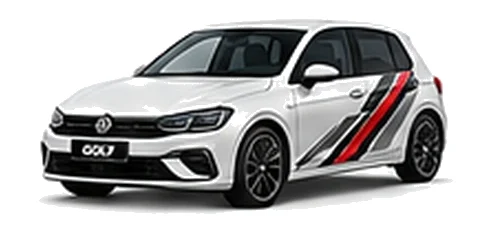 Volkswagen Golf in Pure White with angular black, red and silver vinyl side stripes, front three-quarter view on a white background.