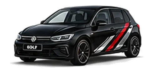 Volkswagen Golf in Deep Black Pearl with angular black, red and silver vinyl side stripes, front three-quarter view on a white background.