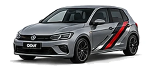 Volkswagen Golf in Moonstone Grey with angular black, red and silver vinyl side stripes, front three-quarter view on a white background.