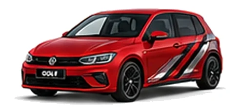 Volkswagen Golf in Kings Red with angular black, red and silver vinyl side stripes, front three-quarter view on a white background.