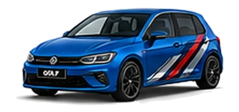 Volkswagen Golf in Lapiz Blue with angular black, red and silver vinyl side stripes, front three-quarter view on a white background.