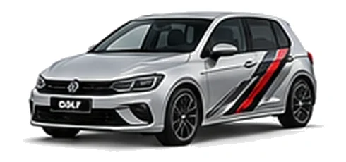 Volkswagen Golf in Reflex Silver with angular black, red and silver vinyl side stripes, front three-quarter view on a white background.