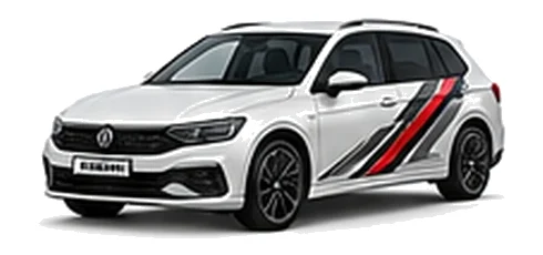 Volkswagen Passat in Pure White with angular black, red and silver vinyl side stripes, front three-quarter view on a white background.