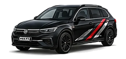 Volkswagen Passat in Deep Black Pearl with angular black, red and silver vinyl side stripes, front three-quarter view on a white background.