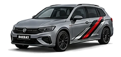 Volkswagen Passat in Moonstone Grey with angular black, red and silver vinyl side stripes, front three-quarter view on a white background.
