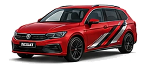 Volkswagen Passat in Kings Red with angular black, red and silver vinyl side stripes, front three-quarter view on a white background.