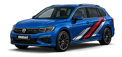 Volkswagen Passat in Lapiz Blue with angular black, red and silver vinyl side stripes, front three-quarter view on a white background.