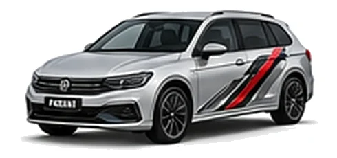 Volkswagen Passat in Reflex Silver with angular black, red and silver vinyl side stripes, front three-quarter view on a white background.