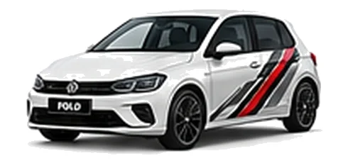 Volkswagen Polo in Pure White with angular black, red and silver vinyl side stripes, front three-quarter view on a white background.