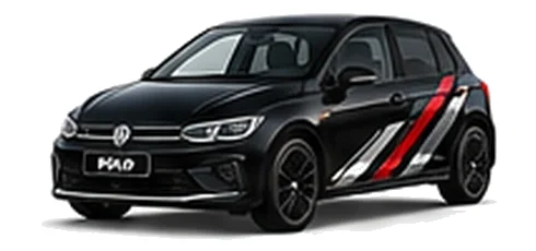 Volkswagen Polo in Deep Black Pearl with angular black, red and silver vinyl side stripes, front three-quarter view on a white background.