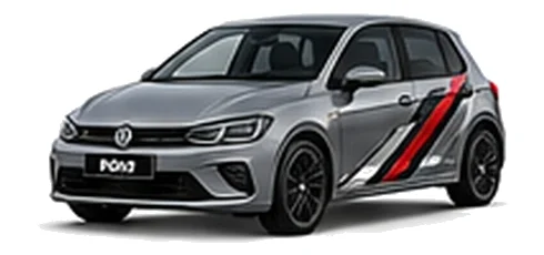 Volkswagen Polo in Moonstone Grey with angular black, red and silver vinyl side stripes, front three-quarter view on a white background.