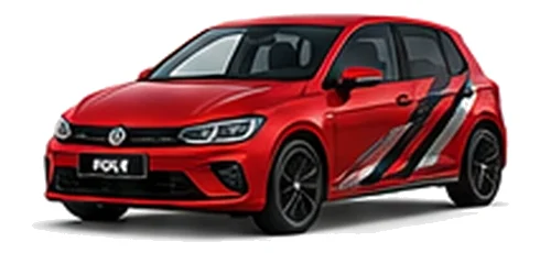 Volkswagen Polo in Kings Red with angular black, red and silver vinyl side stripes, front three-quarter view on a white background.