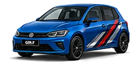 Volkswagen Polo in Lapiz Blue with angular black, red and silver vinyl side stripes, front three-quarter view on a white background.