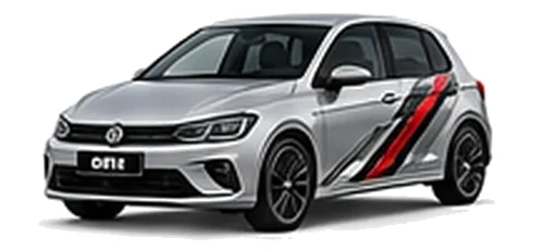 Volkswagen Polo in Reflex Silver with angular black, red and silver vinyl side stripes, front three-quarter view on a white background.