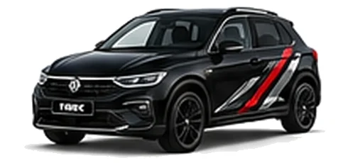Volkswagen T-Roc in Deep Black Pearl with angular black, red and silver vinyl side stripes, front three-quarter view on a white background.