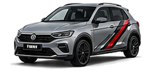 Volkswagen T-Roc in Moonstone Grey with angular black, red and silver vinyl side stripes, front three-quarter view on a white background.