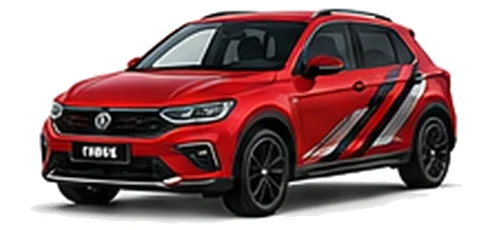 Volkswagen T-Roc in Kings Red with angular black, red and silver vinyl side stripes, front three-quarter view on a white background.