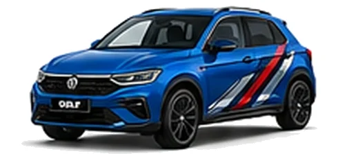Volkswagen T-Roc in Lapiz Blue with angular black, red and silver vinyl side stripes, front three-quarter view on a white background.