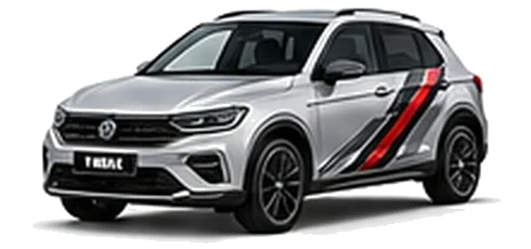 Volkswagen T-Roc in Reflex Silver with angular black, red and silver vinyl side stripes, front three-quarter view on a white background.