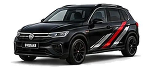 Volkswagen Tiguan in Deep Black Pearl with angular black, red and silver vinyl side stripes, front three-quarter view on a white background.