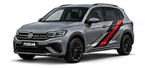 Volkswagen Tiguan in Moonstone Grey with angular black, red and silver vinyl side stripes, front three-quarter view on a white background.
