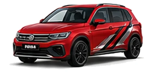 Volkswagen Tiguan in Kings Red with angular black, red and silver vinyl side stripes, front three-quarter view on a white background.