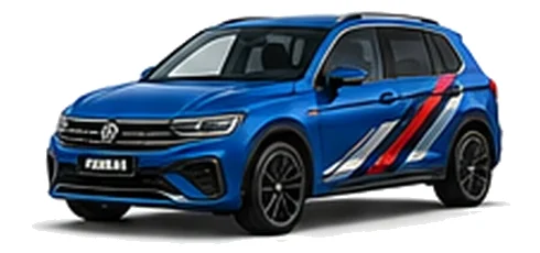 Volkswagen Tiguan in Lapiz Blue with angular black, red and silver vinyl side stripes, front three-quarter view on a white background.
