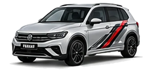 Volkswagen Tiguan in Reflex Silver with angular black, red and silver vinyl side stripes, front three-quarter view on a white background.