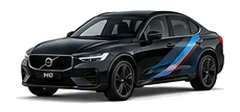 Volvo S60 in Onyx Black with blue, black and silver angular vinyl side stripes, front three-quarter view on a white background.