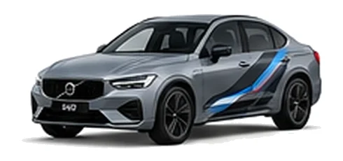 Volvo S60 in Vapour Grey with blue, black and silver angular vinyl side stripes, front three-quarter view on a white background.