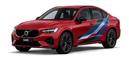 Volvo S60 in Fusion Red with blue, black and silver angular vinyl side stripes, front three-quarter view on a white background.