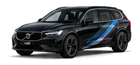Volvo V60 in Onyx Black with blue, black and silver angular vinyl side stripes, front three-quarter view on a white background.