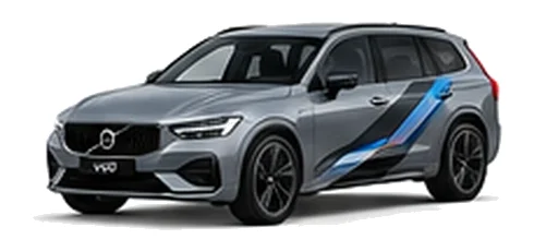 Volvo V60 in Vapour Grey with blue, black and silver angular vinyl side stripes, front three-quarter view on a white background.