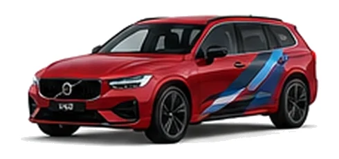Volvo V60 in Fusion Red with blue, black and silver angular vinyl side stripes, front three-quarter view on a white background.