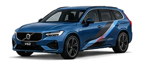 Volvo V60 in Denim Blue with blue, black and silver angular vinyl side stripes, front three-quarter view on a white background.