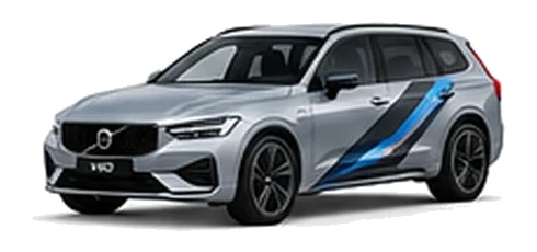 Volvo V60 in Bright Dusk Silver with blue, black and silver angular vinyl side stripes, front three-quarter view on a white background.