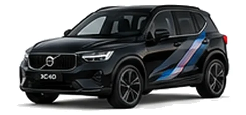 Volvo XC40 in Onyx Black with blue, black and silver angular vinyl side stripes, front three-quarter view on a white background.