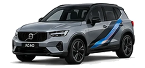Volvo XC40 in Vapour Grey with blue, black and silver angular vinyl side stripes, front three-quarter view on a white background.