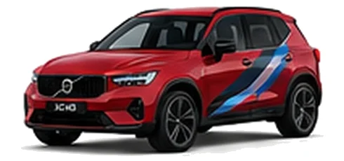 Volvo XC40 in Fusion Red with blue, black and silver angular vinyl side stripes, front three-quarter view on a white background.