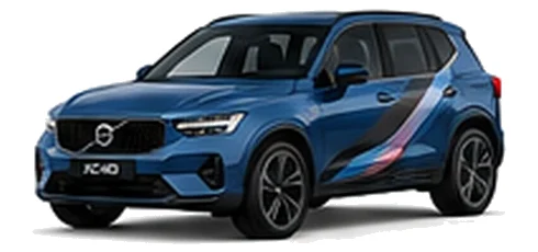 Volvo XC40 in Denim Blue with blue, black and silver angular vinyl side stripes, front three-quarter view on a white background.