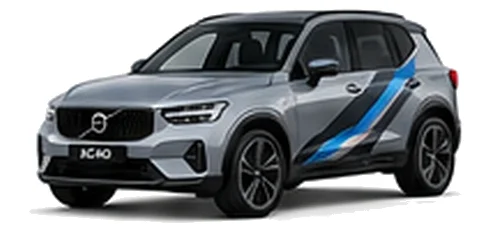 Volvo XC40 in Bright Dusk Silver with blue, black and silver angular vinyl side stripes, front three-quarter view on a white background.