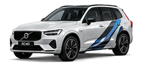 Volvo XC60 in Crystal White with blue, black and silver angular vinyl side stripes, front three-quarter view on a white background.