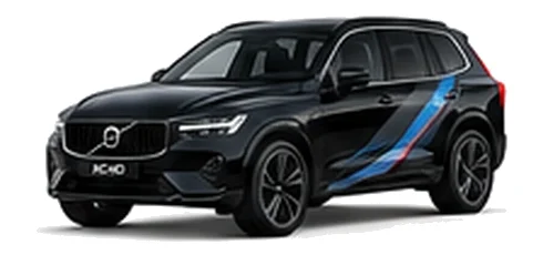 Volvo XC60 in Onyx Black with blue, black and silver angular vinyl side stripes, front three-quarter view on a white background.