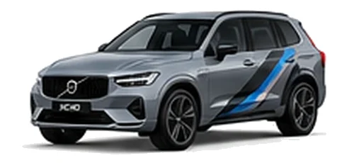 Volvo XC60 in Vapour Grey with blue, black and silver angular vinyl side stripes, front three-quarter view on a white background.