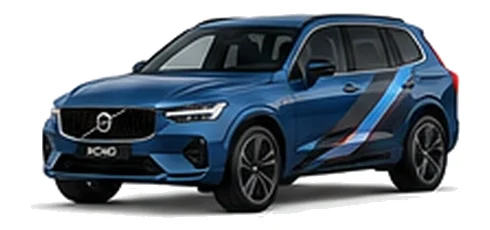 Volvo XC60 in Denim Blue with blue, black and silver angular vinyl side stripes, front three-quarter view on a white background.