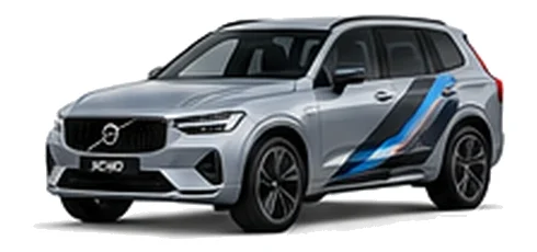 Volvo XC60 in Bright Dusk Silver with blue, black and silver angular vinyl side stripes, front three-quarter view on a white background.