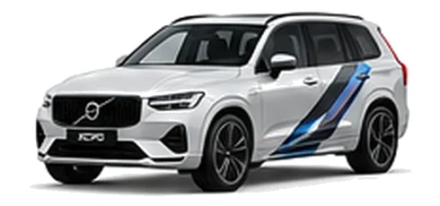 Volvo XC90 in Crystal White with blue, black and silver angular vinyl side stripes, front three-quarter view on a white background.
