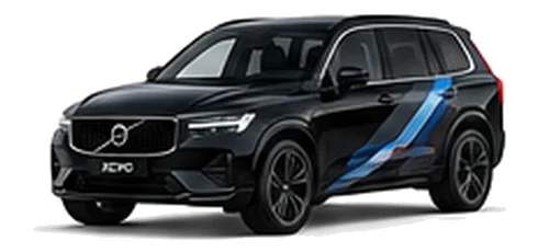 Volvo XC90 in Onyx Black with blue, black and silver angular vinyl side stripes, front three-quarter view on a white background.